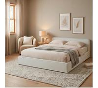 IDIMEX Lit Double CURSIO 140x190 cm, Revêtement en Tissu Velours côtelé Blanc crème, Lit Style Moderne pour 2 Personnes, Cadre de lit en Bois avec sommier Inclus
