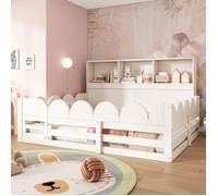 Lit double de style cabane, 140 x 190 cm, lit au sol pour enfant, lit plat en bois, barrières de sécurité, sommier à lattes, étagère