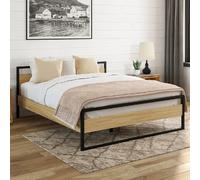 IDMarket – Lit double industriel DETROIT – Tête de lit et sommier 140 x 190 cm bois et métal noir