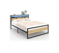 IDMarket – Lit double DETROIT 140x190 LED intégrés tête de lit et sommier effet bois/métal noir