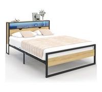 Lit double DETROIT LED intégrés dans la tête de lit et sommier 140 x 190 cm effet bois et métal noir design industriel