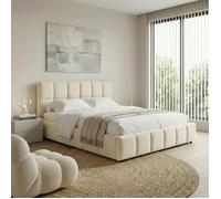 Lit Double EMILIA, Rembourré 160 x 200 cm Queen Size, Blanc Crème, avec Sommier à Lattes Inclus, Design Bubble