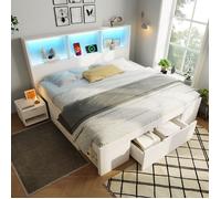 Lit double en bois 140 x 190 cm avec une table de chevet amovible éclairage LED et port USB-C sommier avec tiroirs et étagères