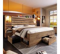 Lit double en bois 180 x 200 cm avec spots LED et port USB Type-C, niche éclairée, espace de rangement sous le lit avec tiroirs, sans matelas