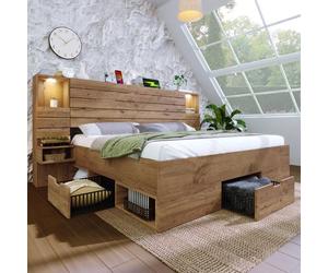 Lit double en bois 180x200 cm Lit adulte avec spots LED ports USB 2 tables de chevet 3 tiroirs 6 compartiments rangement - chêne