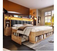 Lit double en bois avec rangements, 180 x 200 cm, avec éclairage LED, prise de recharge, tête de lit rembourrée, table de chevet