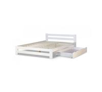Lit double en bois blanc 140x200 avec tiroir de lit et sommier a lattes