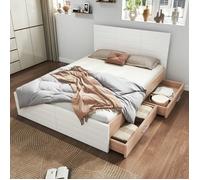 Lit double en bois - LANGTU - 180x200 cm - 2 tiroirs réversibles - Sommier à lattes - Finition chêne/blanc
