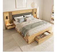 Lit double en bois - LEMONBEST - 180 x 200 - Tête rembourrée similicuir - 5 compartiments - 2 chevets avec spots