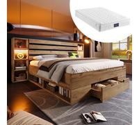 Lit double en bois massif 160 × 200, lit avec rangement, tête de lit avec rangement et éclairage LED, tiroirs et port USB-C (avec matelas)