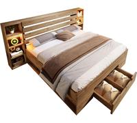 Lit double en bois massif, dimensions 180x200 cm, lit avec espace de rangement, éclairage LED et tête de lit avec espace de rangement et prises USB-C, en chêne (sans matelas)