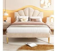 Lit double - En forme de coquille - Velours beige - Tête de lit réglable - Sommier à lattes 140x190