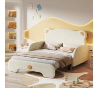 Lit double en forme d'ours, lit capitonné, lit pour enfant, lit convertible, lit tiroir, avec des bords de protection souples, avec sommier à lattes en bois, en velours, couleur beige (140x105 cm et 1