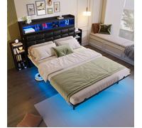 Lit Double en Métal 140x190 cm Lit Capitonné avec Éclairage LED, Rangements Intégrés, Tête de Lit, 2 Tables de Chevet - Gris Foncé