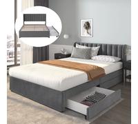 Lit double en velours 140 x 200 cm avec tiroirs - 2 personnes - Style scandinave - Gris