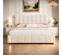 Lit double en velours beige 160x200cm avec rangement hydraulique et lampe sensorielle au pied, confort moderne et lumineux
