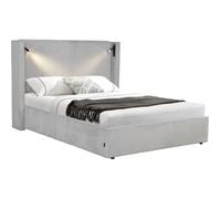 Lit double en velours côtelé avec coffre et lampe intégré ""Cortina"" - 140 x 190 cm - Gris