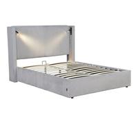 Lit double en velours côtelé avec coffre et lampe intégré "Cortina" - 140 x 190 cm - Gris