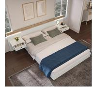 Lit double Ensemble lit avec 2 commodes de nuit LED& prise USB C 160 x 200 cm Lit en bois avec 2 tables de nuit Chambre à coucher
