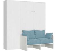 Lit Double Escamotable Français Kentaro 140 Cm Avec Canapé Et Colonne En Frêne Blanc Et Bleu Clair