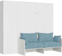Lit Double Escamotable Kentaro 160 Cm Avec Canapé Et Colonne En Frêne Blanc Et Bleu Clair