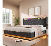 Lit double, fonction surround, bouton poussoir, application et télécommande, 140 x 190 cm, en lin gris, lit de stockage hydraulique, tête de lit rembourrée avec fonction de charge USB de type C (sans
