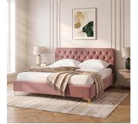 Lit double GLAMOUR couchage 140x190 cm, avec sommier et pieds en métal doré, style baroque, revêtement en velours capitonné rose