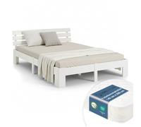 Lit en Bois 140x200 cm Blanc - Lit Double avec Matelas à ressorts - Massif