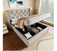 Lit double hydraulique capitonné - LANGTU - 140 x 200 cm - Sommier à lattes - Rangement sous sommier - Gris clair