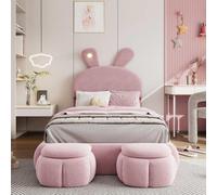 Lit double hydraulique en velours avec oreilles de lapin, lumière LED chaude, espace de rangement et 2 tabourets de rangement, rose, 90x200 cm