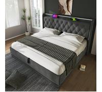 Lit double - LANGTU - 160 x 200 cm - Coffre hydraulique - LED panoramique 360° - Tête capitonnée avec USB Type-C