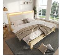 Lit double - LANGTU - 160x200 cm - Tête capitonnée velours côtelé beige - LED intégrée - Rangement