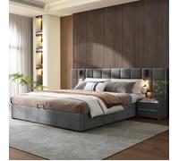 Lit double - LANGTU - 180 x 200 cm - Gris - Tête capitonnée avec lampe & USB - Coffre de rangement