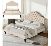 Lit double - LANGTU - capitonné - tête de lit réglable - sommier à lattes - velours beige - 140x190