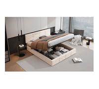 Lit double - LANGTU - lit capitonné - 140 x 190 cm - velours beige - sommier à lattes, tête de lit réglable