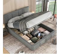 Lit double - LANGTU - Rayures capitonné - 140 x 190 cm - Velours gris - Coffre hydraulique