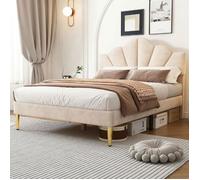 Lit double - LANGTU - Tête de lit coquille réglable - 140x190 cm - Velours beige - Sommier à lattes, rangement 22 cm
