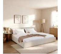Lit Double LATINI 160x200, en Tissu Blanc Crème, Lit Queen Size 2 Personnes avec Sommier à Lattes Inclus, Tête Réglable en Hauteur