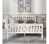 Lit double - LEYTN - 140 x 200 cm - Bois massif - Blanc - Sommier à lattes inclus