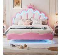 Lit double - LEYTN - 140 x 200 cm - Rembourré - Tête de lit couronne - LED multicolore
