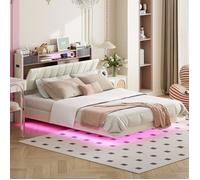 Lit double - LEYTN - 140 x 200 cm - Tête de lit avec ports USB - Éclairage LED - Rangement intégré