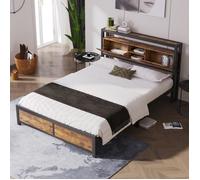 Lit double - LEYTN - 140x200 cm - Style industriel - Tête de lit avec rangement - Métal et MDF