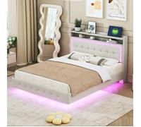 Lit double - LEYTN - 140x200cm - Lin capitonné - Prise USB - Éclairage LED - Beige