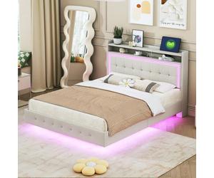 Lit double - LEYTN - 140x200cm - Lin capitonné - Prise USB - Éclairage LED - Beige