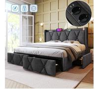 Lit double - LEYTN - 160x200 cm - Rembourré en lin - 4 Tiroirs - Charge USB intégrée