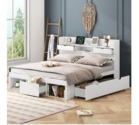 Lit double - LEYTN - 160x200cm - Bois massif - 5 tiroirs - Ports USB intégrés