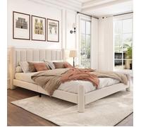 Lit double - LEYTN - 160x200cm - Velours beige - Tête de lit élégante - 300kg capacité