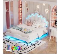 Lit double - LEYTN - Lit princesse - 140 x 200 cm - Tête de lit couronne - Lumière LED - Blanc