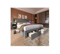Lit double - Lit Double 160x200 cm avec 2 tables de chevet et 4 tiroirs - Velours gris - Lampes lecture USB Type-C - Sommier inclus