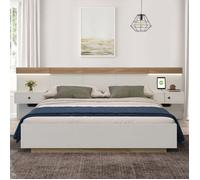 Lit double Lit en bois 180 x 200 cm avec 2 lumières LED et prise USB/Typ-C et 2 tables de chevet - blanc